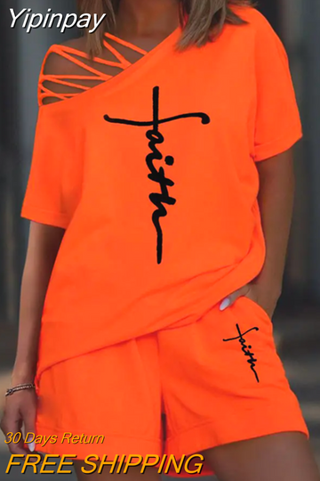 Yipinpay Summer Women 's Leisure Letter Print Cold Shoulder Top & Shorts Set Casual Female Piece Set Fashion Suit